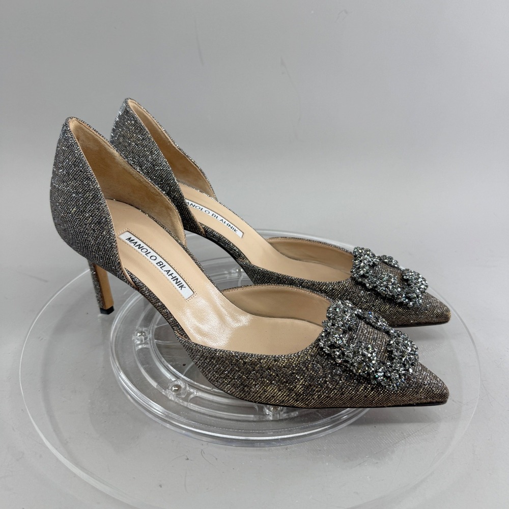 Manolo Blahnik Womens Hangisi Glitter Pumps Crystal Buckle Metallic Bronze 38 8